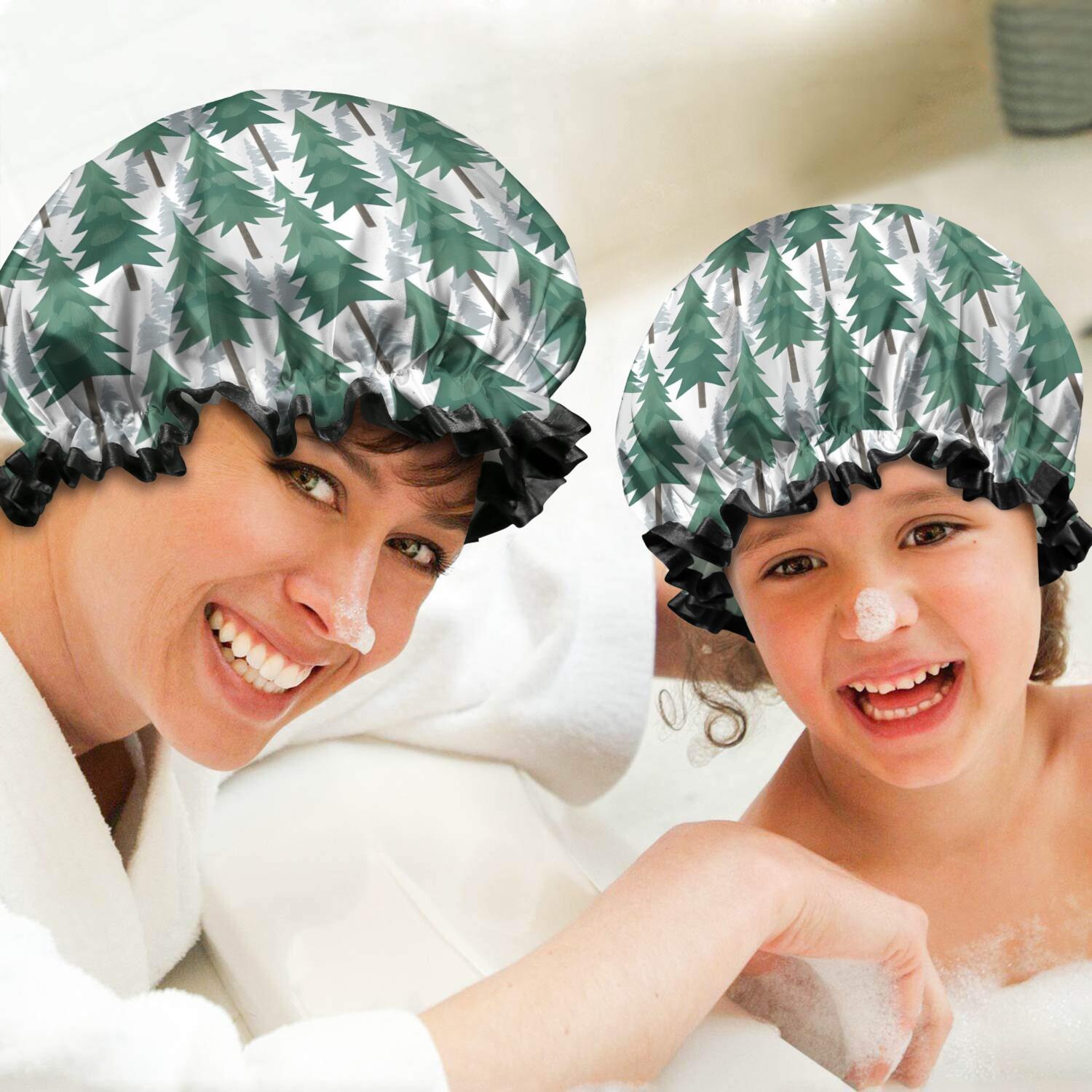 Shower Caps,Green Christmas Tree Pattern Waterproof Shower Cap for Women 4 Pieces,Double Reusable Hair Cover for Shower PEVA Elastic Stretch Hem