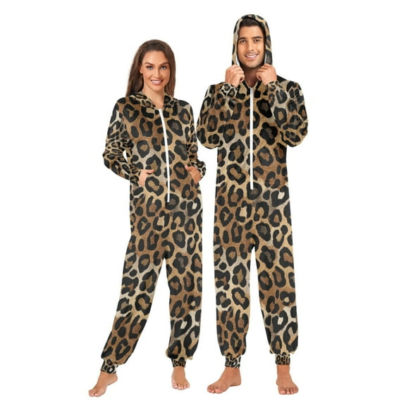 Adult Christmas Onesie Leopard Brown and Black Adult Zipper One-Piece Pajamas Unisex Pajamas with Pockets