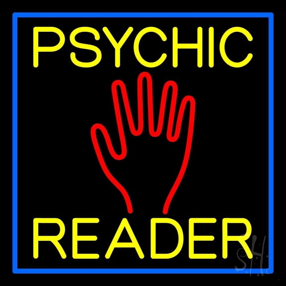 Yellow Psychic Reader Blue Border LED Neon Sign 24" Tall x 24" Wide - inches Black Square Cut Acrylic Backing, with Dimmer - Bright and Premium built indoor LED Neon Sign for Storefront.