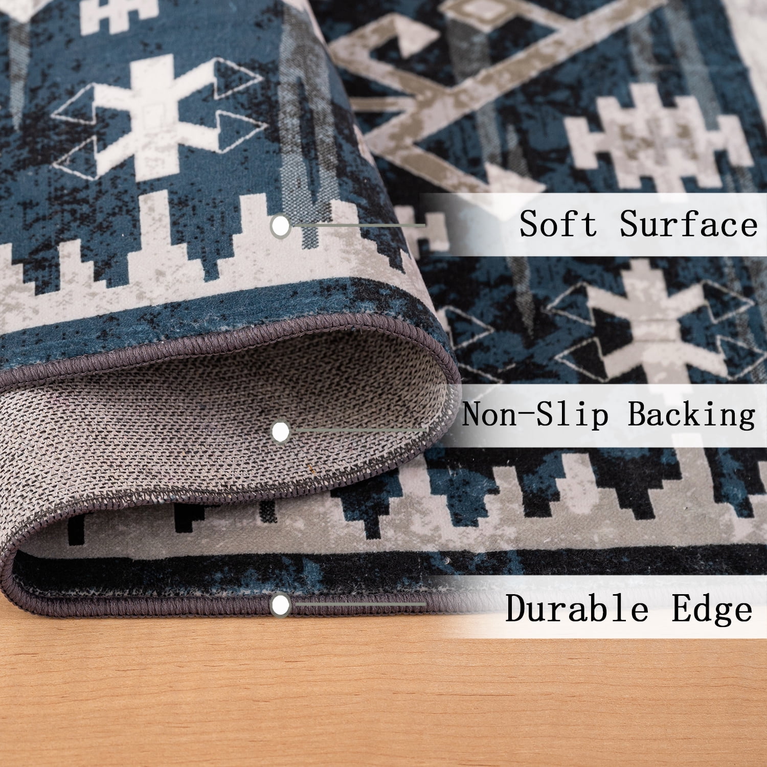 Yoneston 5' x 7' Vintage Bohemia Area Rug Machine Washable Bedroom Rug Soft Non-Slip with Printed Kitchen Mat for Living Room Playroom Dining Room Decoration, Black&Blue