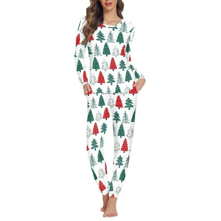 

Renewold 2 PCS Casual Xmas Trees Sleepwear for Women Lightweight Pajama Lingerie Cozy Christmas Daily Wear Outfits Set Athletic Home Long-Sleeve Lounge Wear Size 6XL