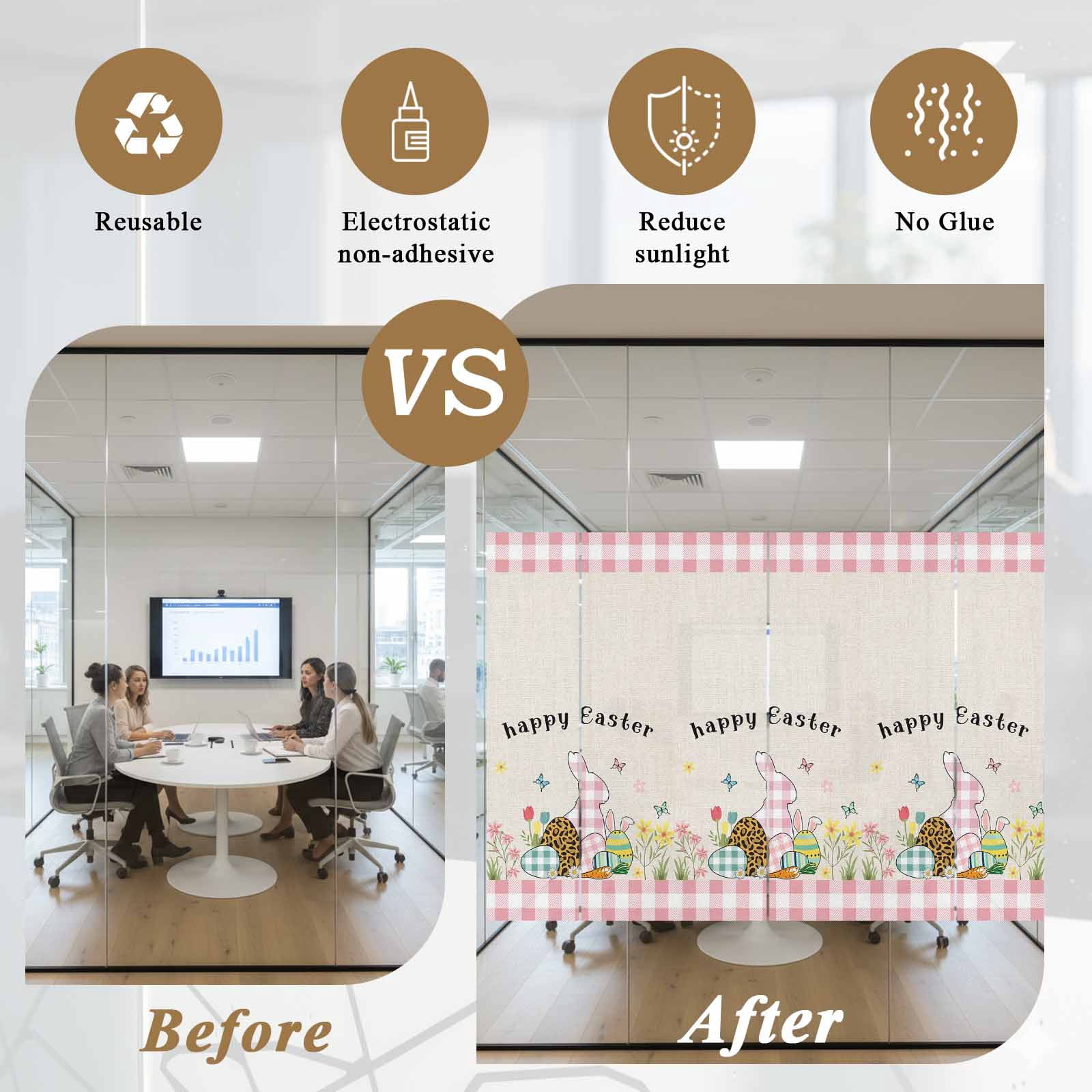 Easter Eggs Window Privacy Film, Rabbits Pink Buffalo Plaid Retro Texture Frosted Glass Window Clings Static Cling UV Heat Blocking Reusable Door Sticker for Bathroom 23.6 x 59 Inch