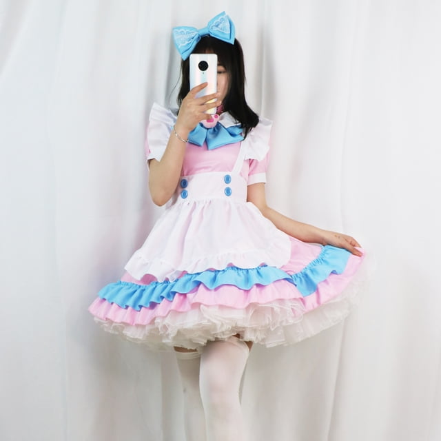 Vestido de Lolita rosa y azul con lazo grande súper lindo para mujer de talla grande Vestido lindo de Lolita de Gran Hermano