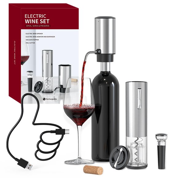 CIRCLE JOY Electric Bottle Opener Set, All in One Wine Accessories with Rechargeable Corkscrew, Wine Aerator, Foil Cutter and Vac