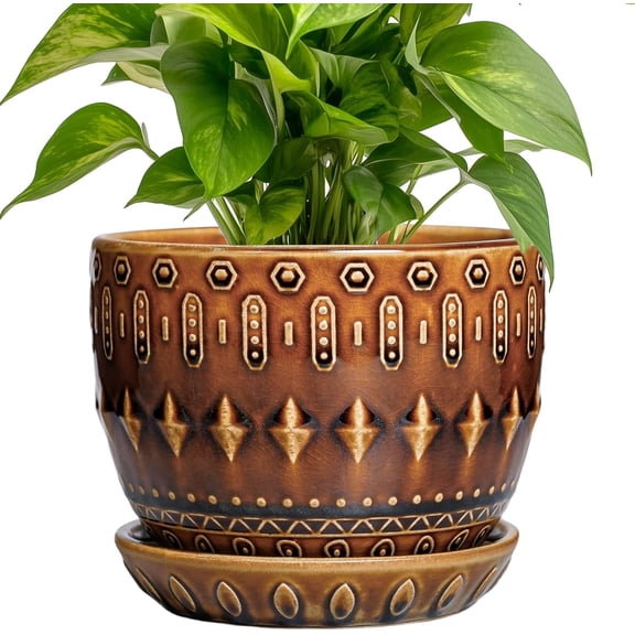 5.5 Inch Plant Pot - Ceramic Planter for Indoor Outdoor Plants,  Round Indoor Flower Pot with Drainage Hole and Saucer, Housewarming Gifts, Garden Home Room Decor, Brown