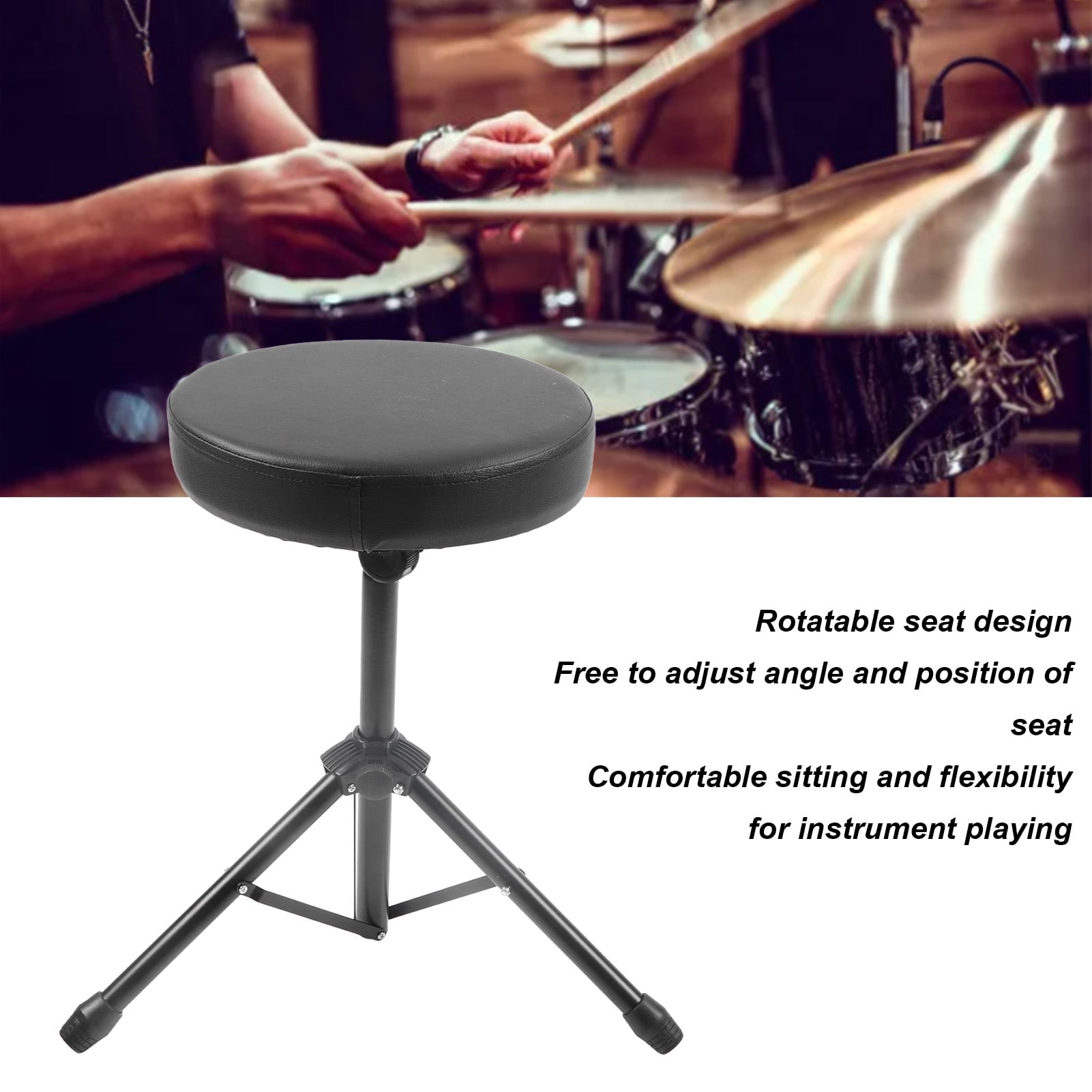 LAZIOEGR Drum Throne Padded Seat Collapsible Rotatable Drumming Stool Adjustable Foldable Music Performance Bench with Double-Braced Stand Accessory for Acoustic Electric Drum Sets, Black