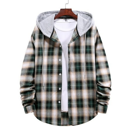 Men Casual Turndown Long Sleeve Button Closure Plaid Print Hooded Shirt  Army Green XXL | Walmart Canada