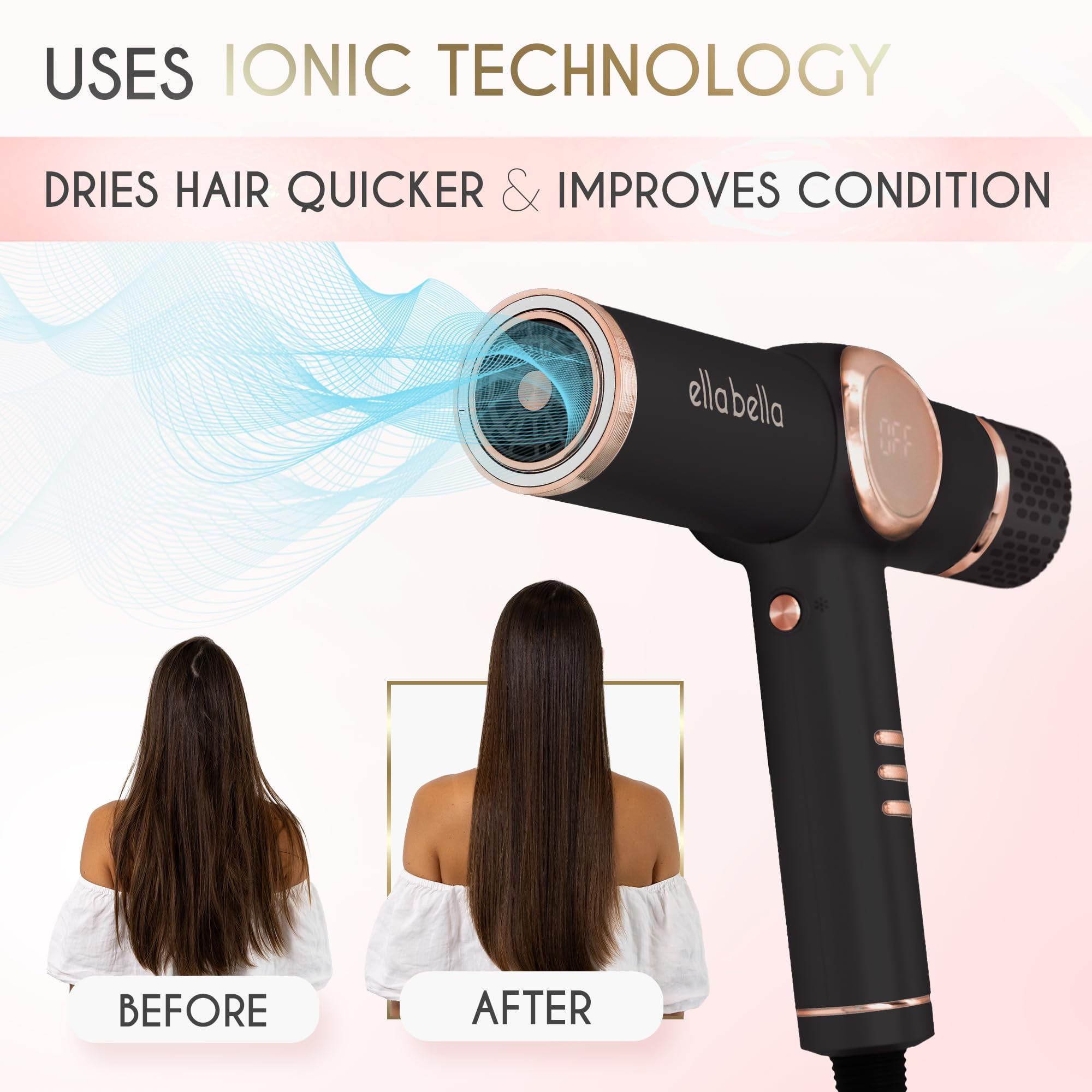 ELLA BELLA® Professional Ionic Hair Dryer with Diffuser, Negative Ion Blow Dryer, Suitable All Hair Types • Intelligent Heat Control & Rapid Drying Speeds • Lightweight Design & Low Noise (Black)