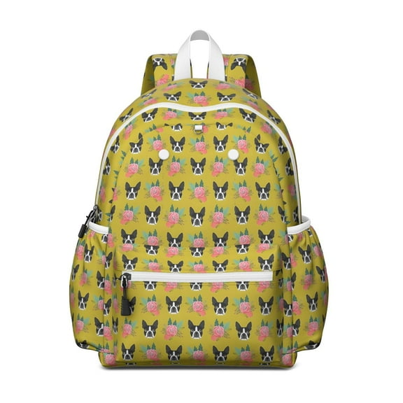 Yellow Boston Terrier and Flower Backpack for School,Cute School Bag,Schoolbag with Adjustable Shoulder Straps & Padded Back,13.4"x11"x4.7"