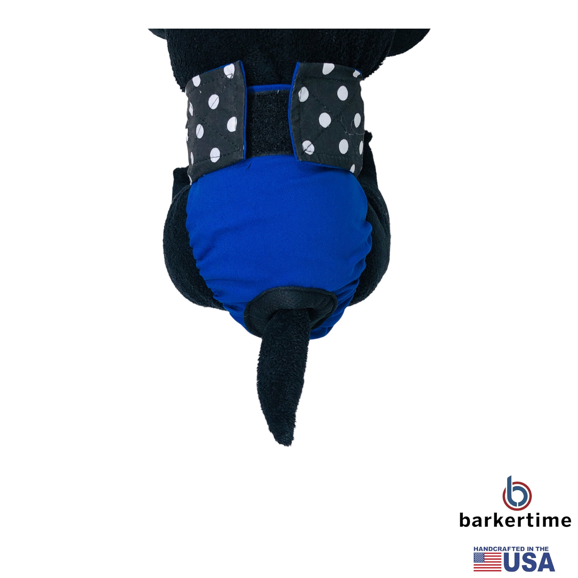 Barkertime Black Polka Dot on Blue Dog Diaper