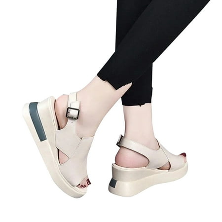 

Leather Sandals Women\ s Open Toe Platform Shoes Fish Mouth Design Buckle Closure Summer Supply