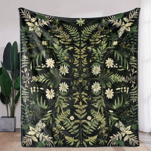 Cozy Flannel Throw Blanket with Vintage Green Botanical Print Soft Warm & Versatile for Couch Bed Car Office Camping & Travel Perfect All-Season Gift