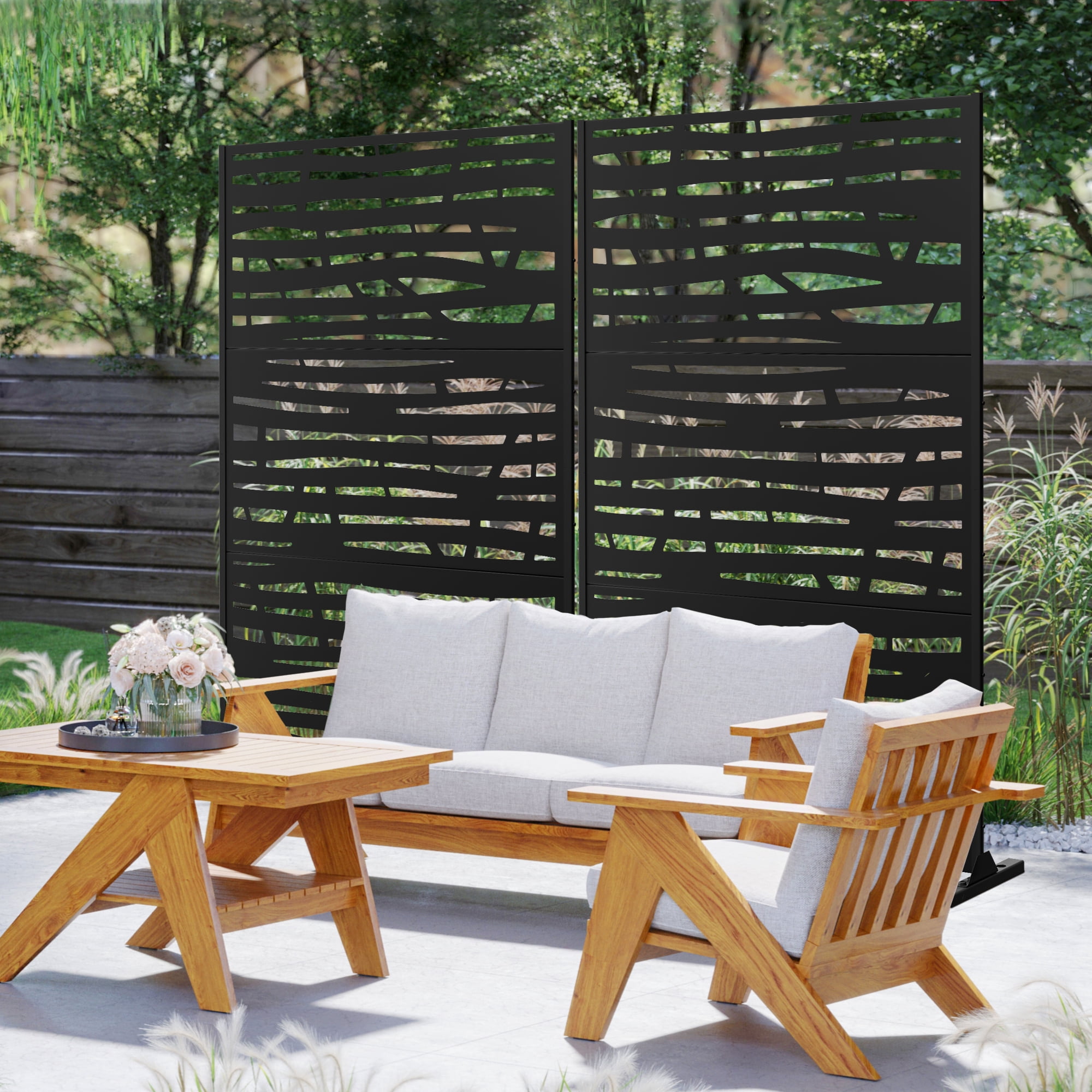 72"x47" Outdoor Privacy Screen with Stand Metal Balcony Decorative Screen,Black