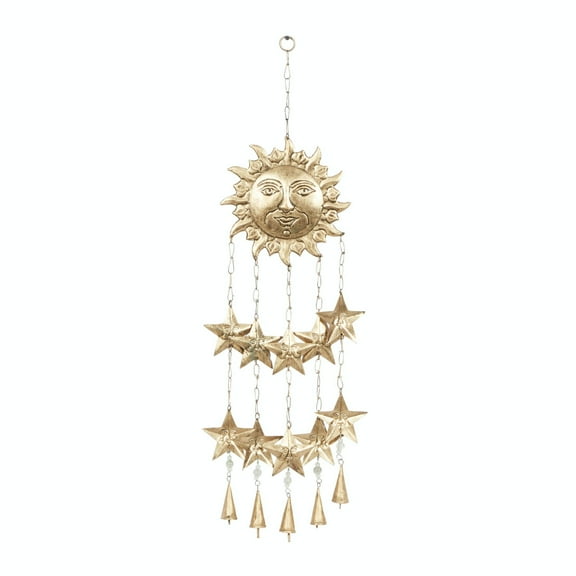 DecMode 35" Gold Metal Handmade Sun and Star Windchime with Glass Beads and Cone Bells
