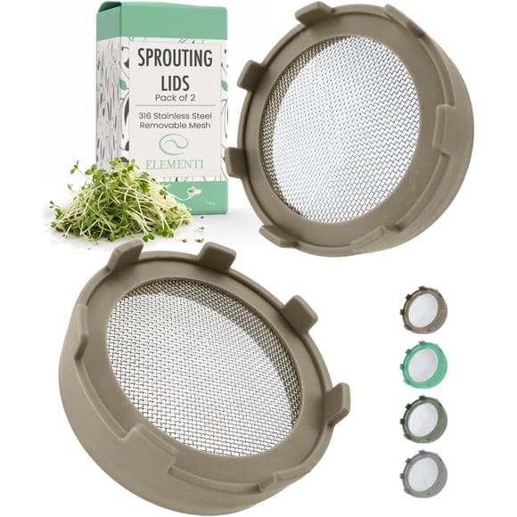 Elementi Sprouting Kit - Set of 2 Sprouting Lids for Wide Mouth Mason Jars, Sprouts Growing Kit for Bean Sprouts (Mushroom)