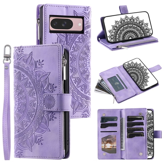 Decase Case For Google Pixel 10 /10 Pro,Embossed Floral Wallet Case with Card Slot,Flip Leather Card Holder Case Cover with Wrist Strap,Purple