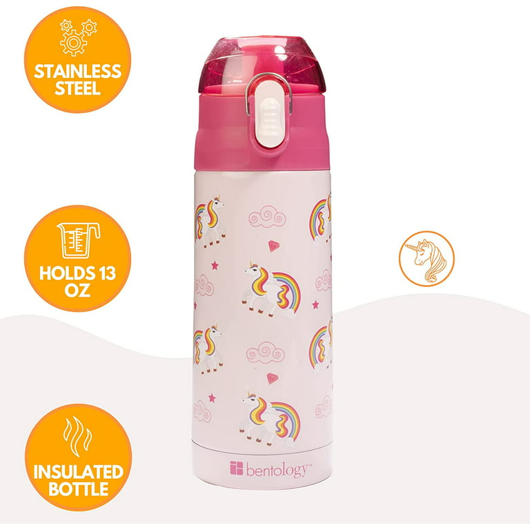 Bentology Stainless Steel Unicorn Insulated Water Bottle for Girls – Easy to Use for Kids - Reusable Spill Proof BPA-Free Water Bottle – 13 Ounce