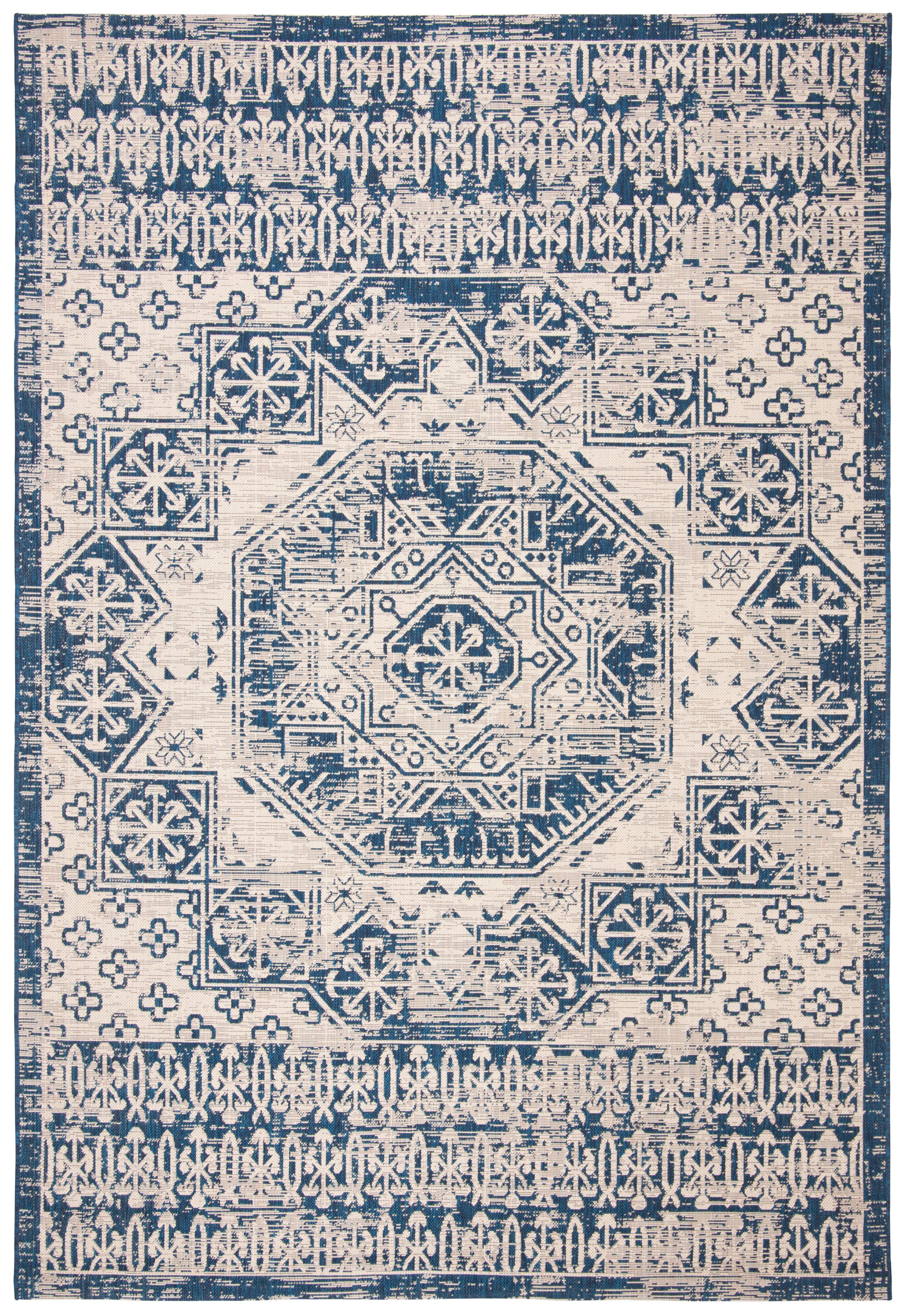 SAFAVIEH Courtyard Tangier Medallion Indoor/Outdoor Area Rug, Beige/Navy, 8' x 11'