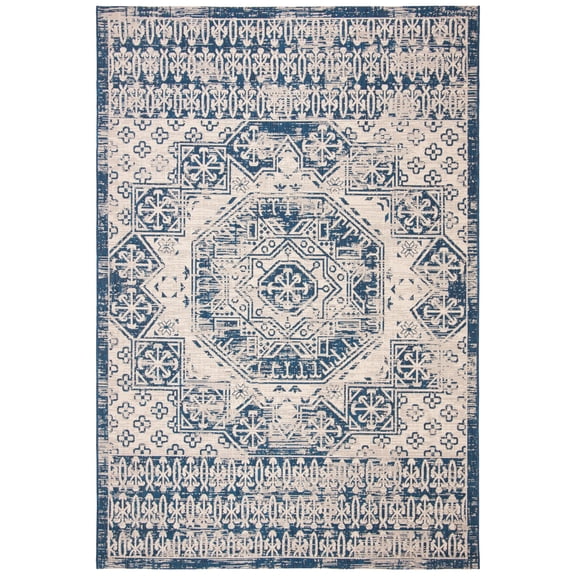 SAFAVIEH Courtyard Tangier Medallion Indoor/Outdoor Area Rug, Beige/Navy, 8' x 11'