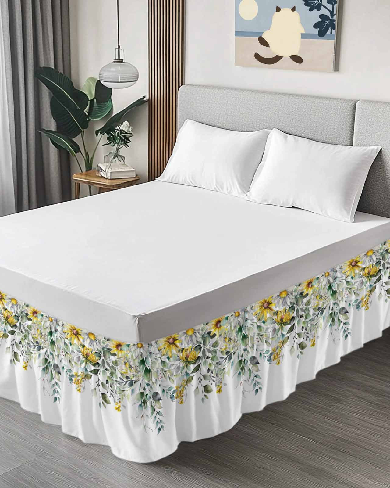 Farmhouse Eucalyptus Ruffle Bed Skirt Queen Size Leaves Yellow Daisy Botanical Adjustable Elastic Dust Bed Skirts Wrap Around Bedskirt Wrinkle Free Easy Fit with 16 Inch Drop