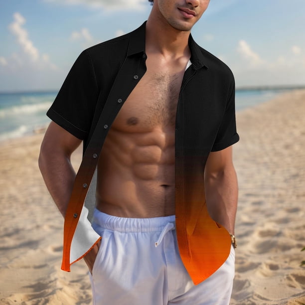 Blusa y camisa de manga corta con cuello vuelto para hombre, blusa informal de moda con cuello vuelto, blusa estampada de manga corta con botones, blusa de poliéster para hombre