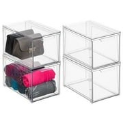 mDesign Plastic Stacking Closet Storage Organizer Bin with Drawer, 4 Pack, Clear