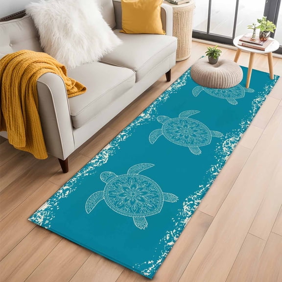 Runner Rug 2 x 6 Ft, Turtle Turquoise Washable Non-Slip Floor Mat for Kitchen Hallway/Entryway, Coastal Ocean Boho Flower Retro Mottled Long Kitchen Runner Area Rugs for Living Room, Low-Profile