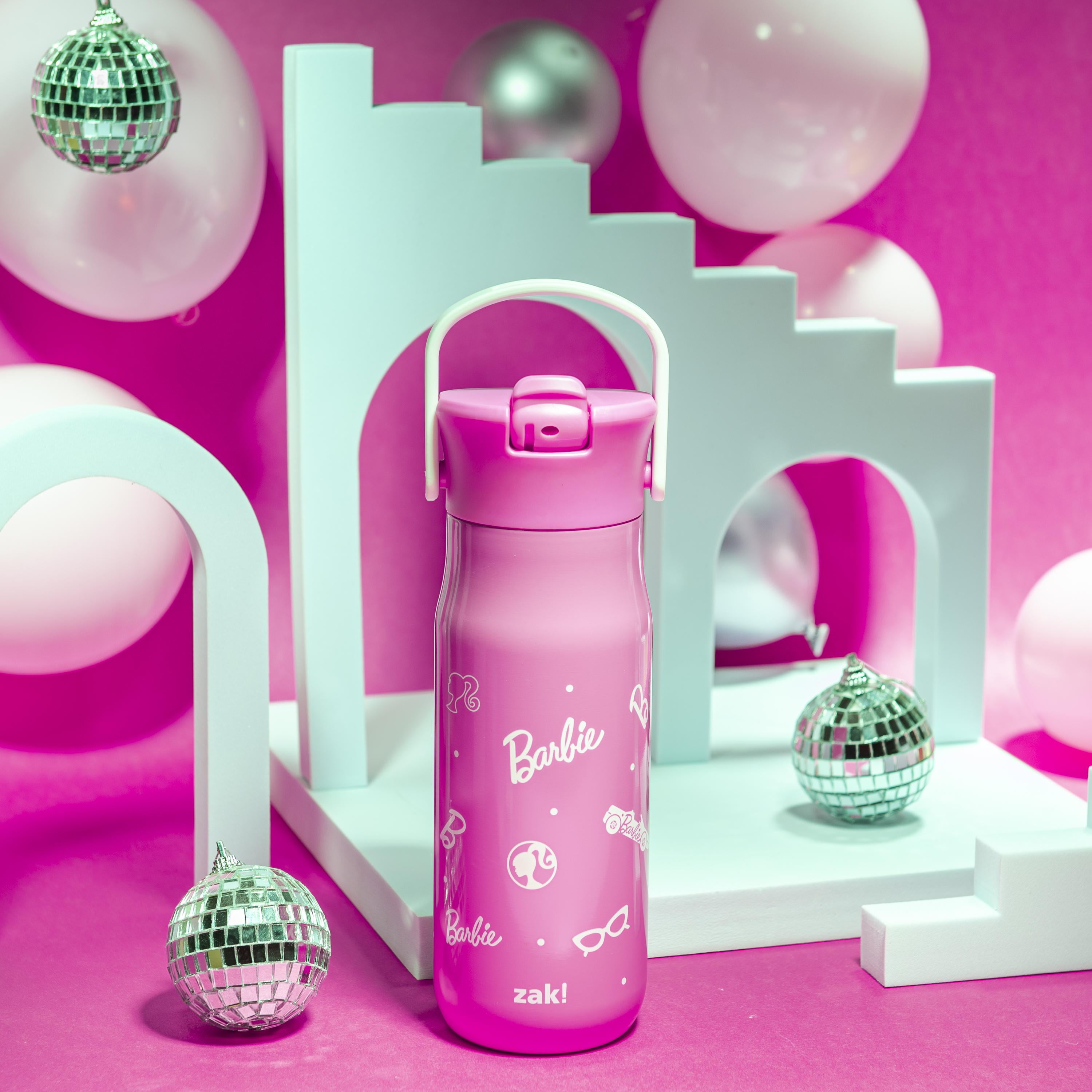 Zak Designs 20oz Harmony Barbie Water Bottle for Travel or At Home, Stainless Steel is Leak-Proof When Closed and Vacuum Insulated with Straw Lid and Carry Handle (Pink)