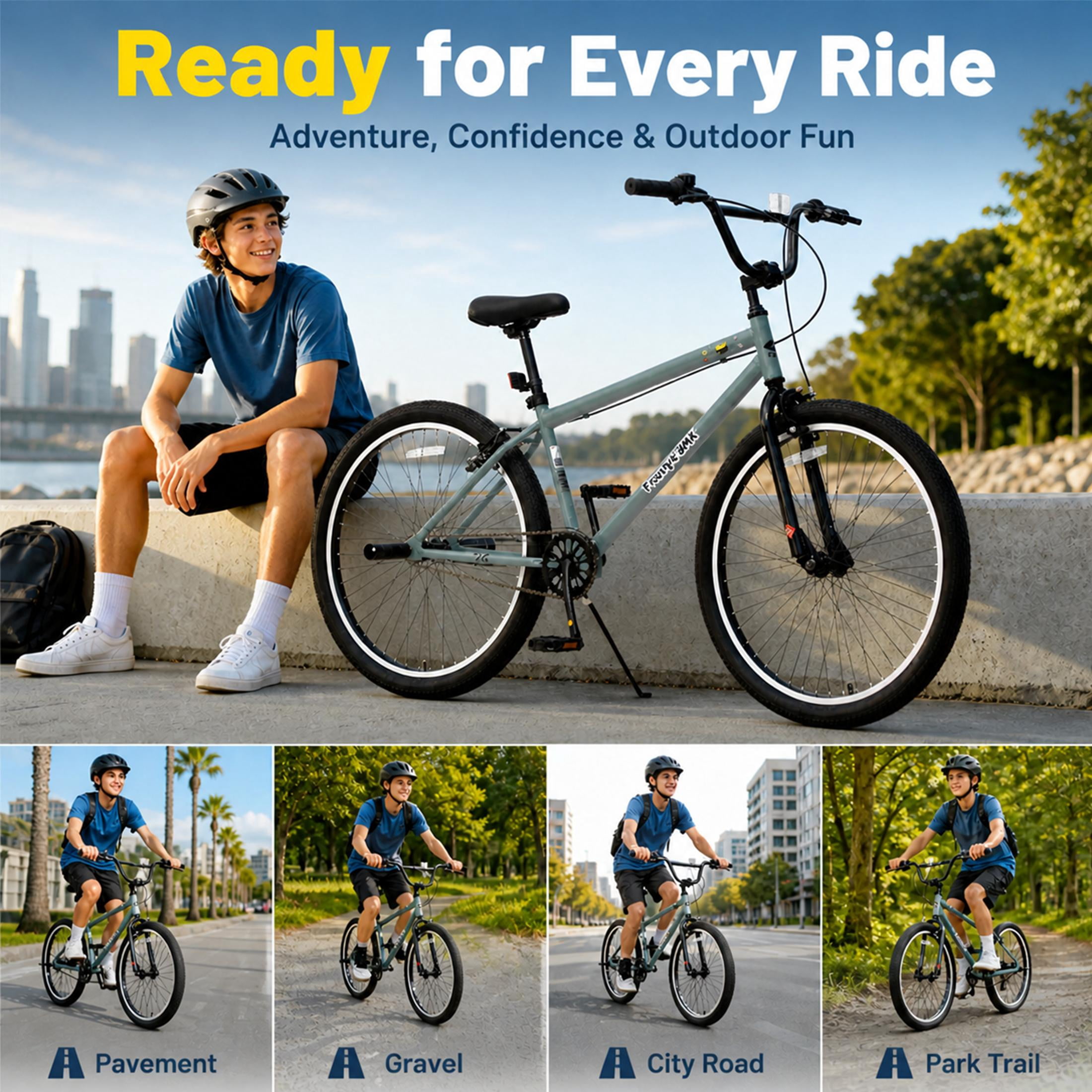 26 Inch Freestyle Bike for Teens and Adults, Single-Speed BMX Style Bicycle with 2 Pegs and High-Performance 2.35" Tires, Carbon Steel Frame Mountain Bike for Boys and Girls Ages 14+, Blue
