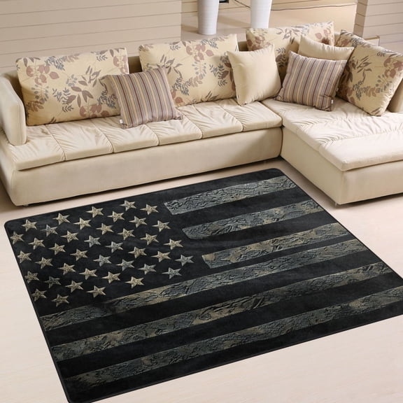 WOBOGO Black Design American Flag Carpet Non-Slip Rugs Soft Doormat 63×48in Living Dining Room Bedroom Decorative