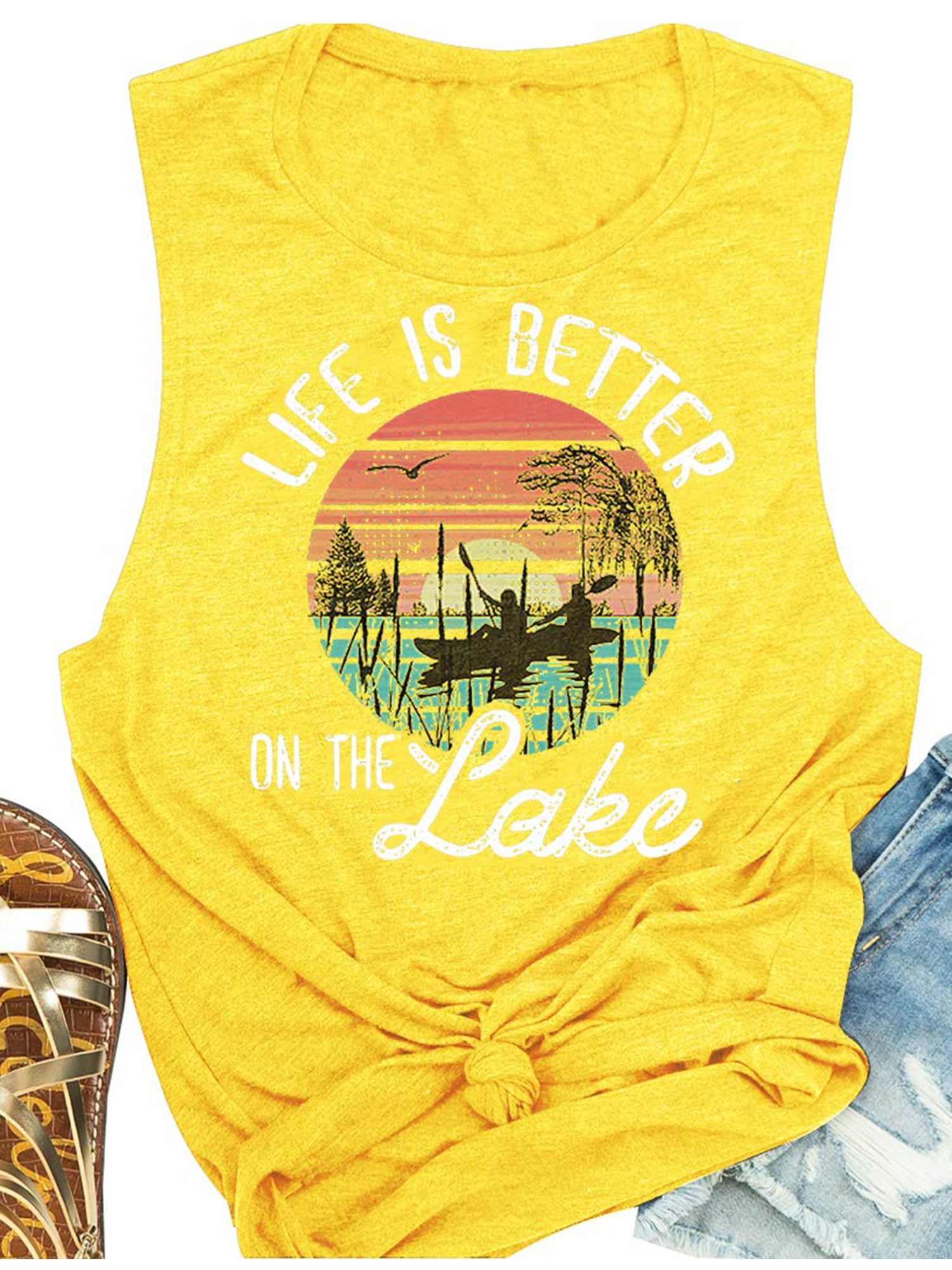 Anbech Life is Better on The Lake Tank Top Women Funny Graphic 