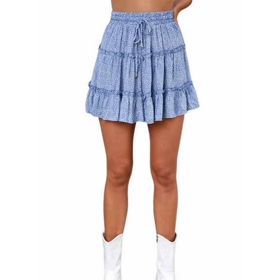Womens High Waist Floral Print A Line Short Skirt with Ruffled Hem Elegant Summer Skirt Blue Dots M