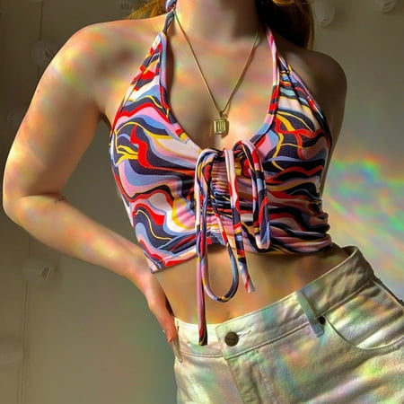 

Women Casual Sleeveless Drawstring Halter Neck Crop Top Sling Tank Short Top Vest 2x Tunic Tops Apparel Bra