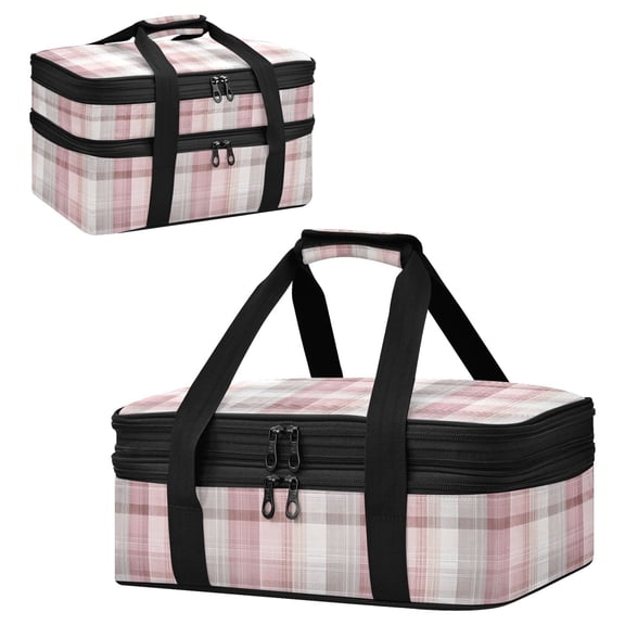 Large Double Decker Insulated Casserole Carrier Expandable 2-Layer Thermal Food Tote Bag Magenta Checkered Pattern Hot Cold Pizza Lasagna Holder for Potluck Picnic Party Camping