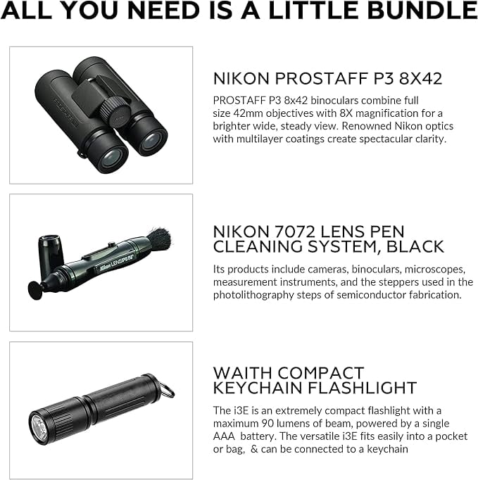 Nikon PROSTAFF P3 8x42 Waterproof Binoculars for Adults with Lens Pen Cleaning System and Flashlight Bundle