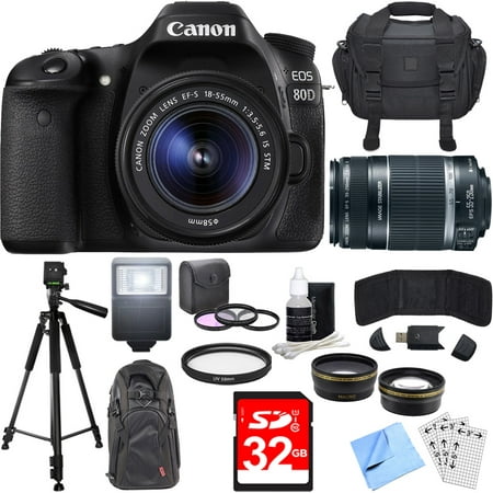 Canon EOS 80D CMOS DSLR Camera w/ EF-S 18-55mm + 55-250mm Telephoto Lens 24GB Bundle includes Camera, Lenses, 32GB Memory Cards, Tripod, Bag, Filters, Cleaning Kit, Beach Camera Cloth +