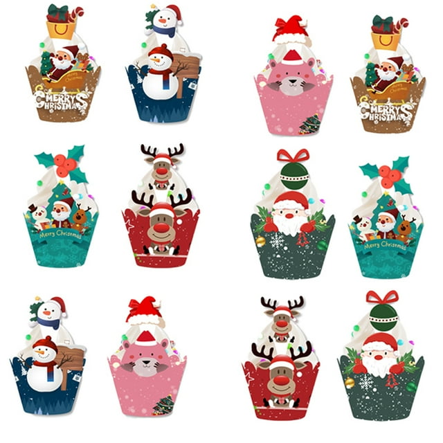 24 piezas de adornos y envoltorios para cupcakes de Navidad, suministros para fiestas, muñeco de nieve, Papá Noel, reno Zhivalor BST3153652