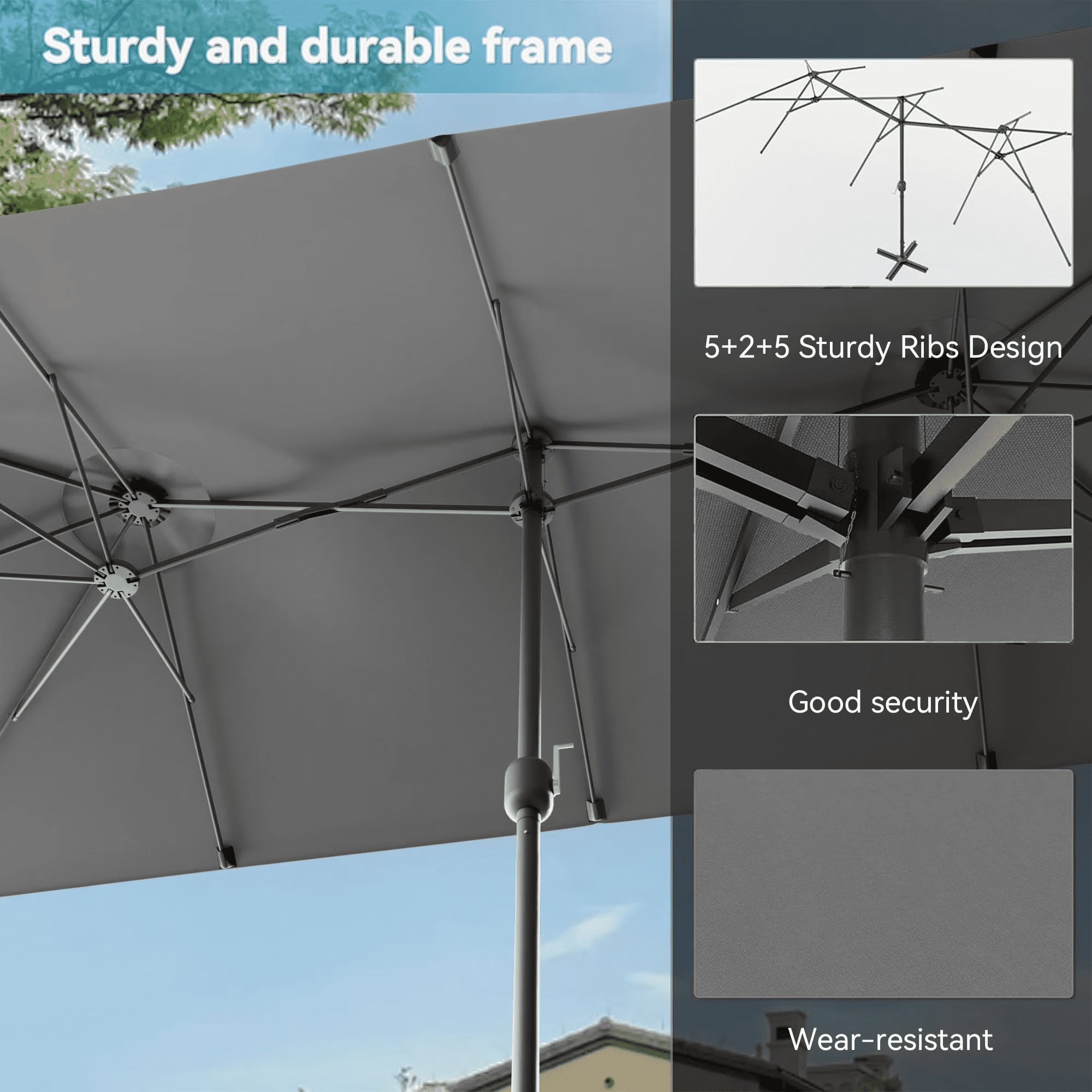 ALAULM 8 Piece Patio Dining Set w/14FT Umbrella, Metal Outdoor Furniture Set w/Rectangular table, 8 Fixed Chairs and Removable Cushions for Patio, Backyard, Garden, Poolside（Grey）