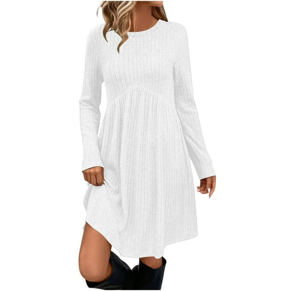 YUTK Womens Long Sleeve 2025 Fall Short Dress Casual Ribbed Knit Crewneck Flowy A Line Mini Sweater Dresses with Pockets White S