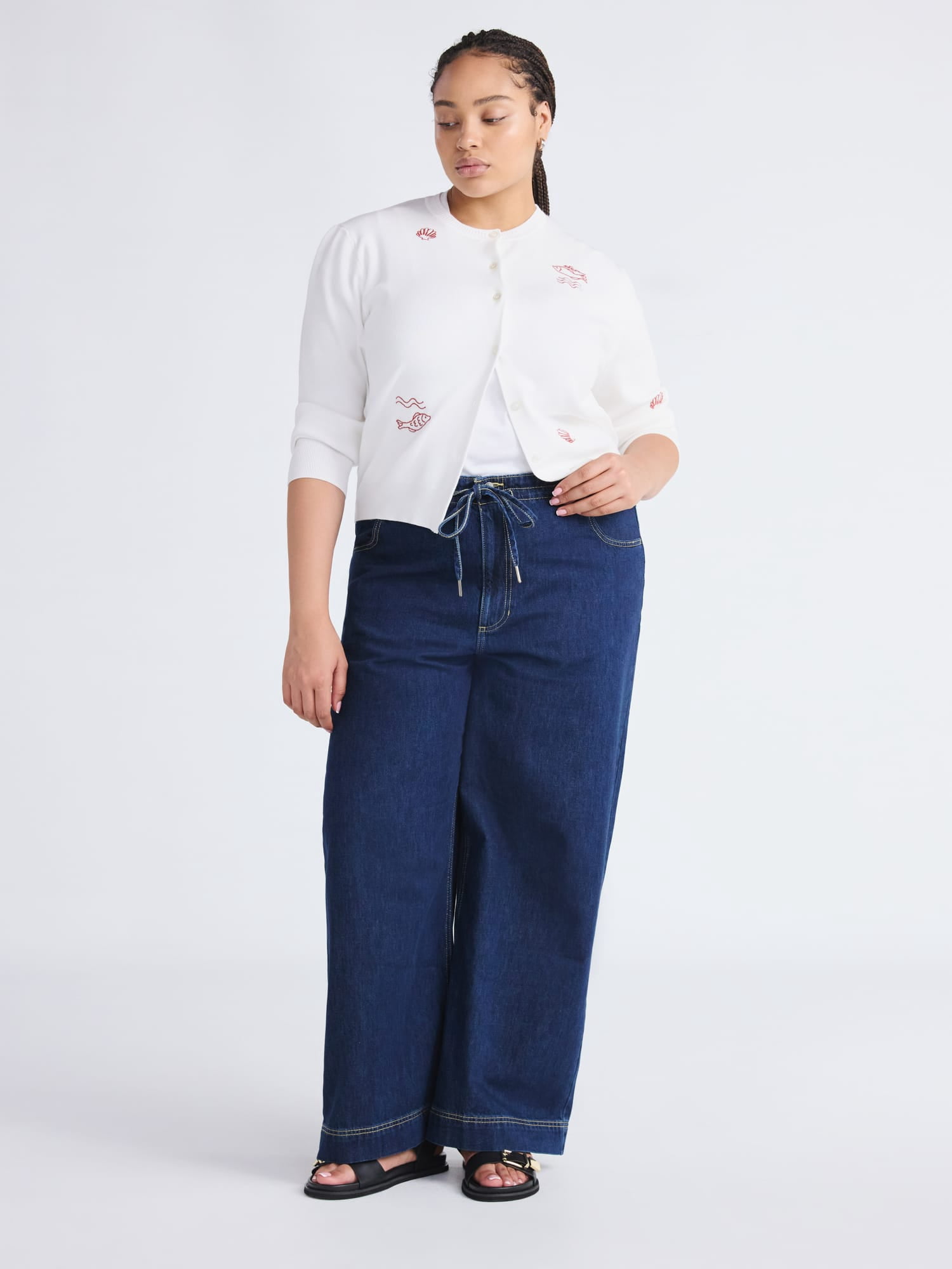 Free Assembly Women's Loose Fitting Wide Leg Jeans with Adjustable Tie Waist, 32" Inseam, Sizes 0-26