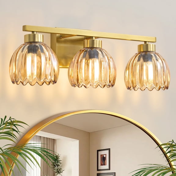 Deyidn 3-Light Gold Vanity Light with Amber Glass Shades, 19.29 Inch Modern Wall Sconce