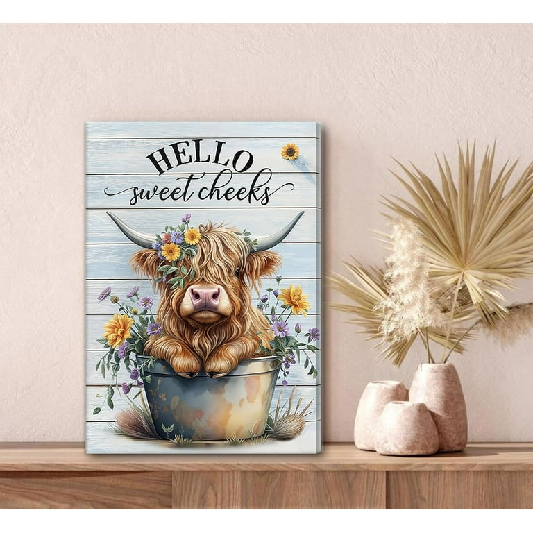 Funny Highland Cow Canvas Wall Art - Farmhouse Bathroom Decor, Cute Cow With Flowers Painting - Ready To Hang For Bedroom, Living Room, Restroom