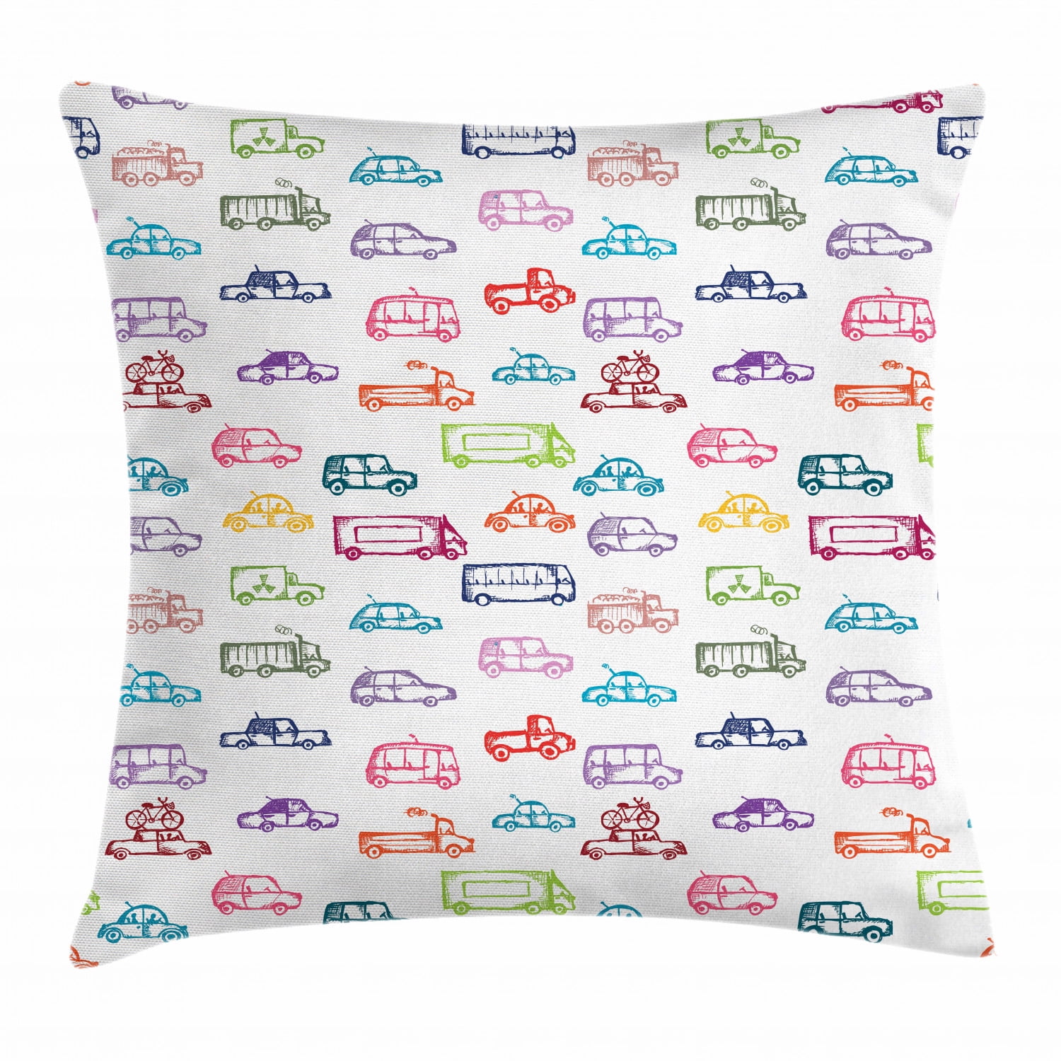 Cars Throw Pillow Cushion Cover, Various Types of Vehicles Bus Truck