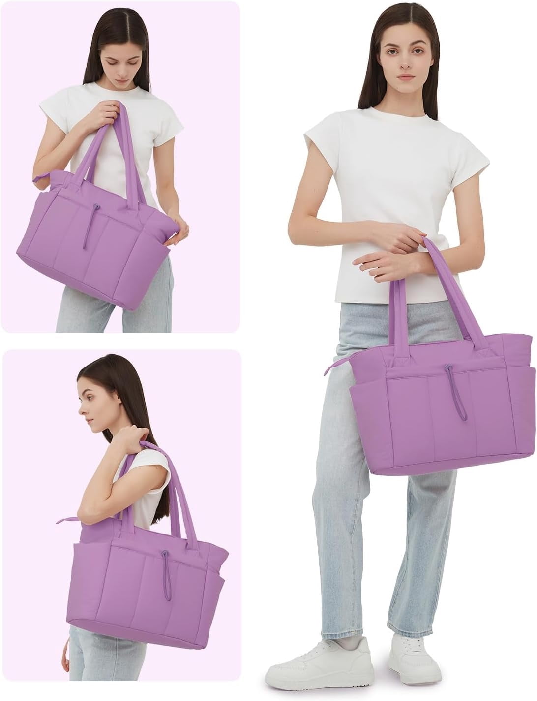 Puffer Tote Bag for Women, Shoulder Bag Handbag with Cup Holder & 15.6" Laptop Compartment & Trolley Sleeve for Travel, Work, Nurse, Lightweight, 20L
