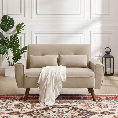Pingliang Home Small Loveseat 2 Seater Sofa Couch Modern Linen Love Seat with 2 Throw Pillows for Living Room Bedroom Home Apartment Office Studio Small Space,Beige