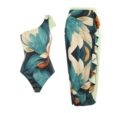 Clearance Under $10 Pitauce One Piece Swimsuit Women Vintage Print One Shoulder Lace Up Matching Chiffon Long Skirt Cover Ups Two Piece Bikini Set Holiday Beach Monokini