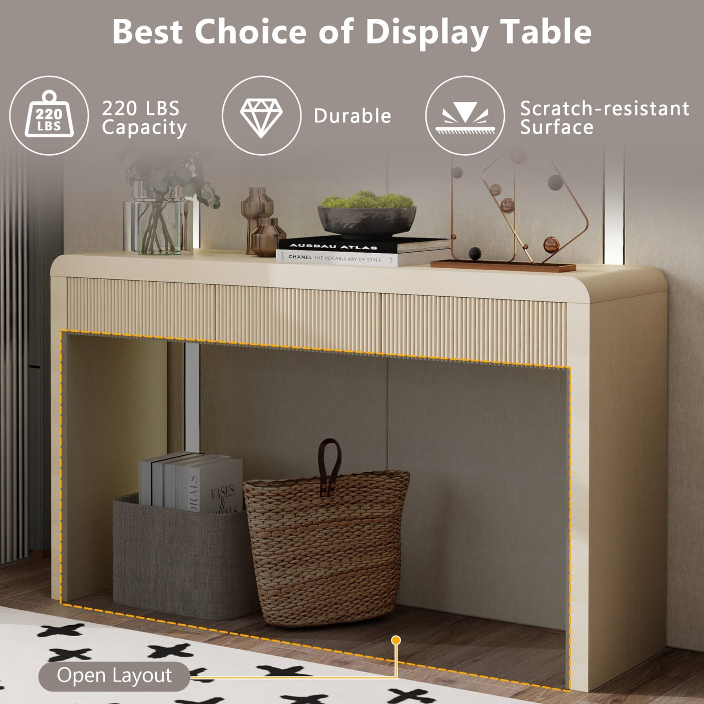 53 Inch Fluted Table for Entryway, Farmhouse Console Table with 3 Drawers and Adjustable Foot, Solid Wood Couch Tables Behind Sofa for Hallway, Living Room, Foyer, Apricot