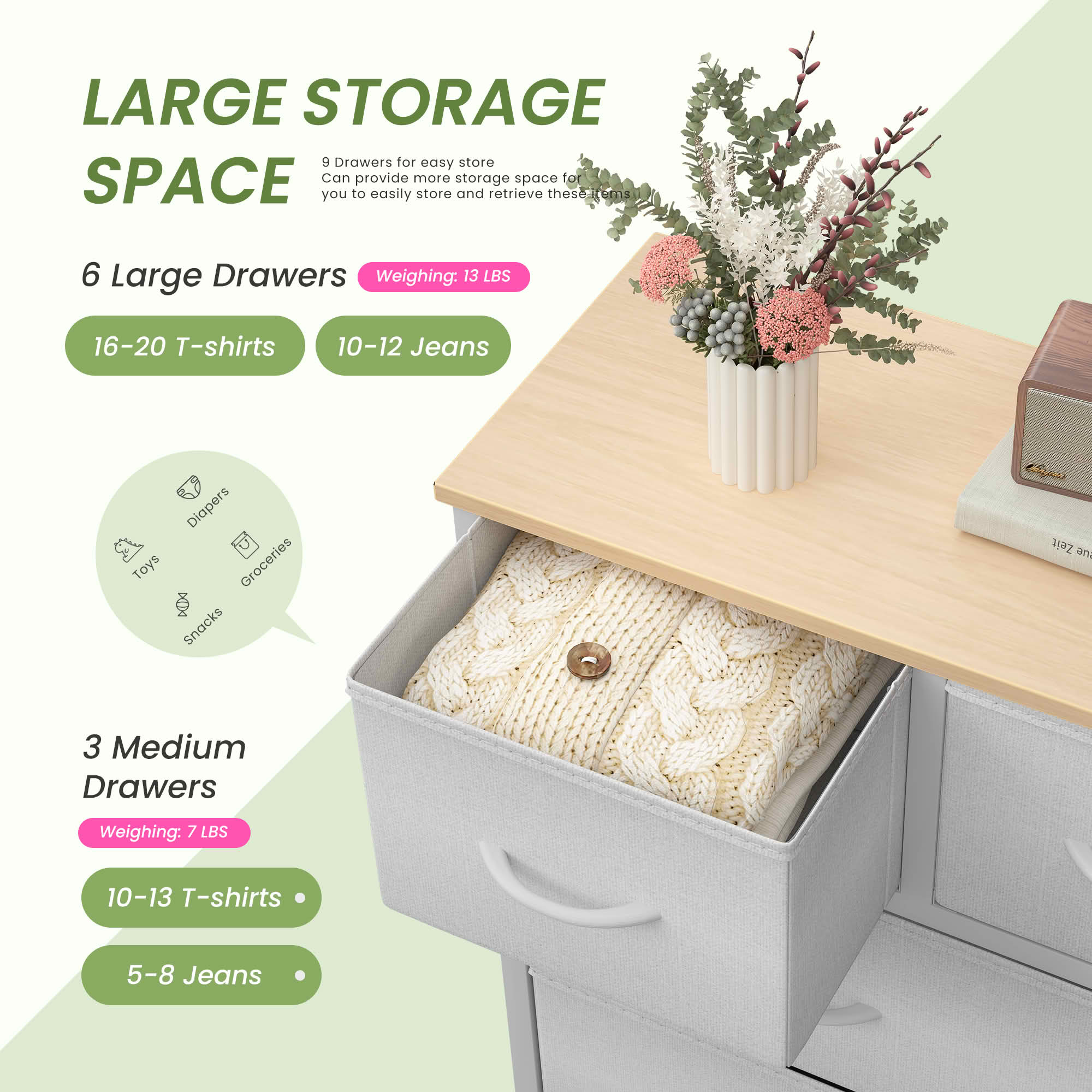MAYEERTY Tall Fabric Storage Dresser Tower with Wooden Top, Multi Drawer Organizer Cabinet for Nursery Kid Room Closet Entryway