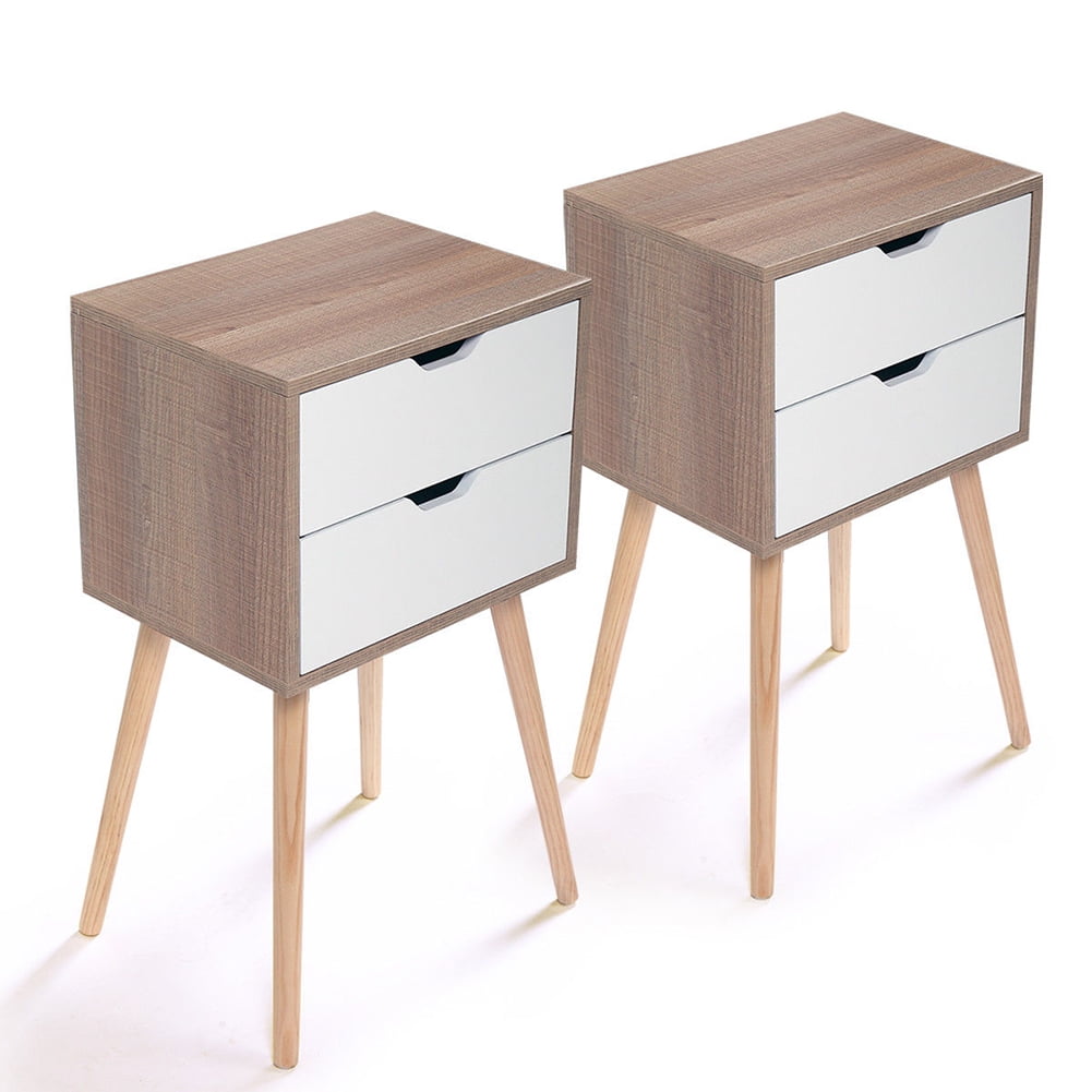 Kepooman 2 Pieces Drawer Chest for Living Room, Modern Design Nightstand for Bedroom, Solid Wood End Table for Hallway, White