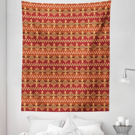 Ethnic Tapestry, Style Cultural Seamless Pattern Triangles Tribal, Fabric Wall Hanging Decor for Bedroom Living Room Dorm, 5 Sizes, Ginger and Orange, by Ambesonne